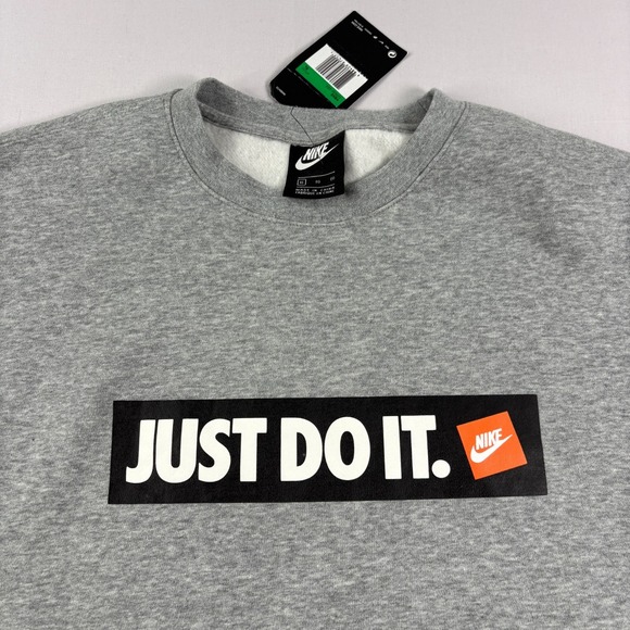 Nike Sweatshirt Mens XL Gray Crew Neck Just Do It Spell Out Graphic Pullover NEW - Picture 2 of 9